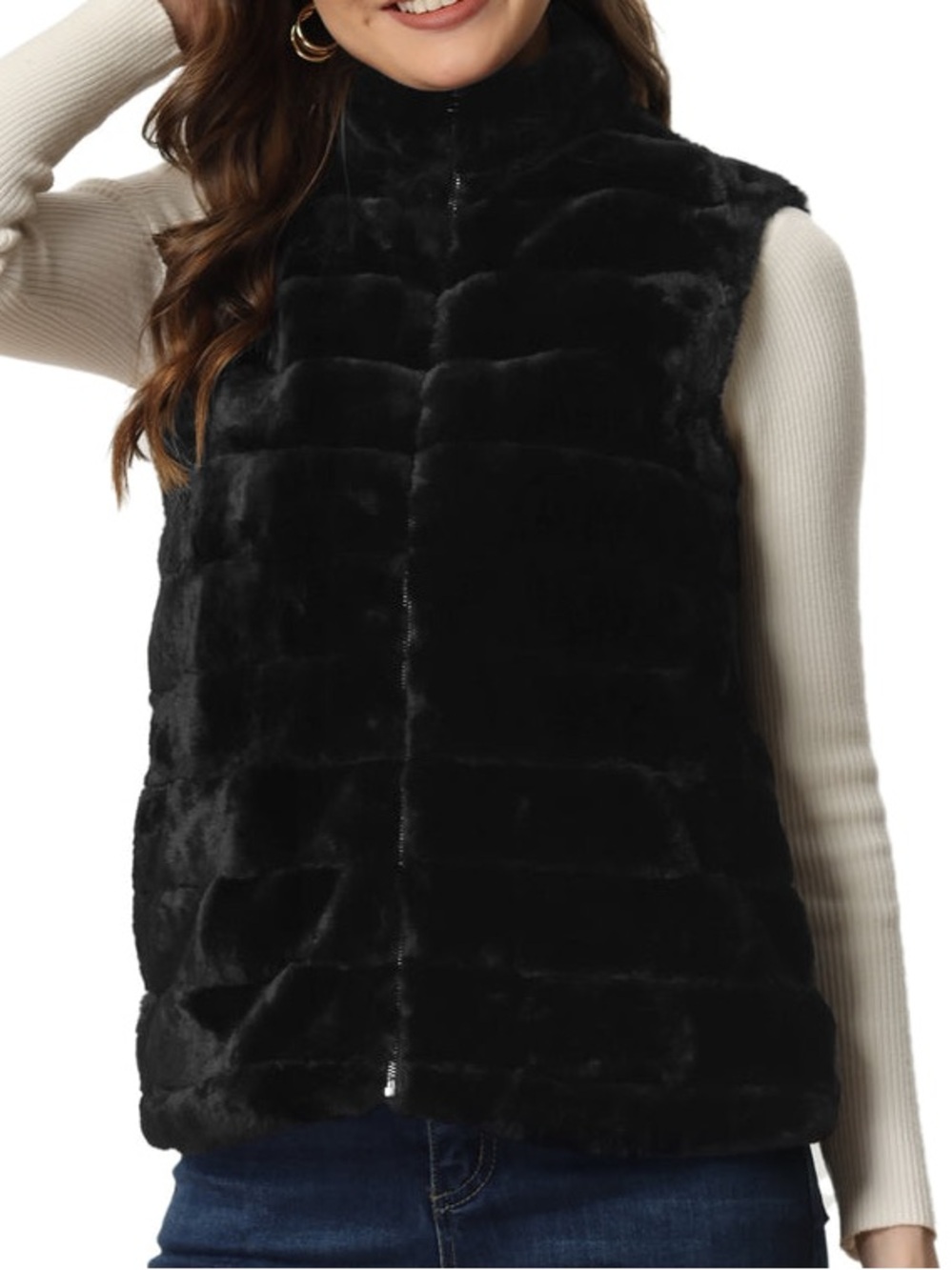 Allegra K NWT Faux Fur Vest Black Quilted Fluffy Vest Jacket Sleeveless Zip-Up
